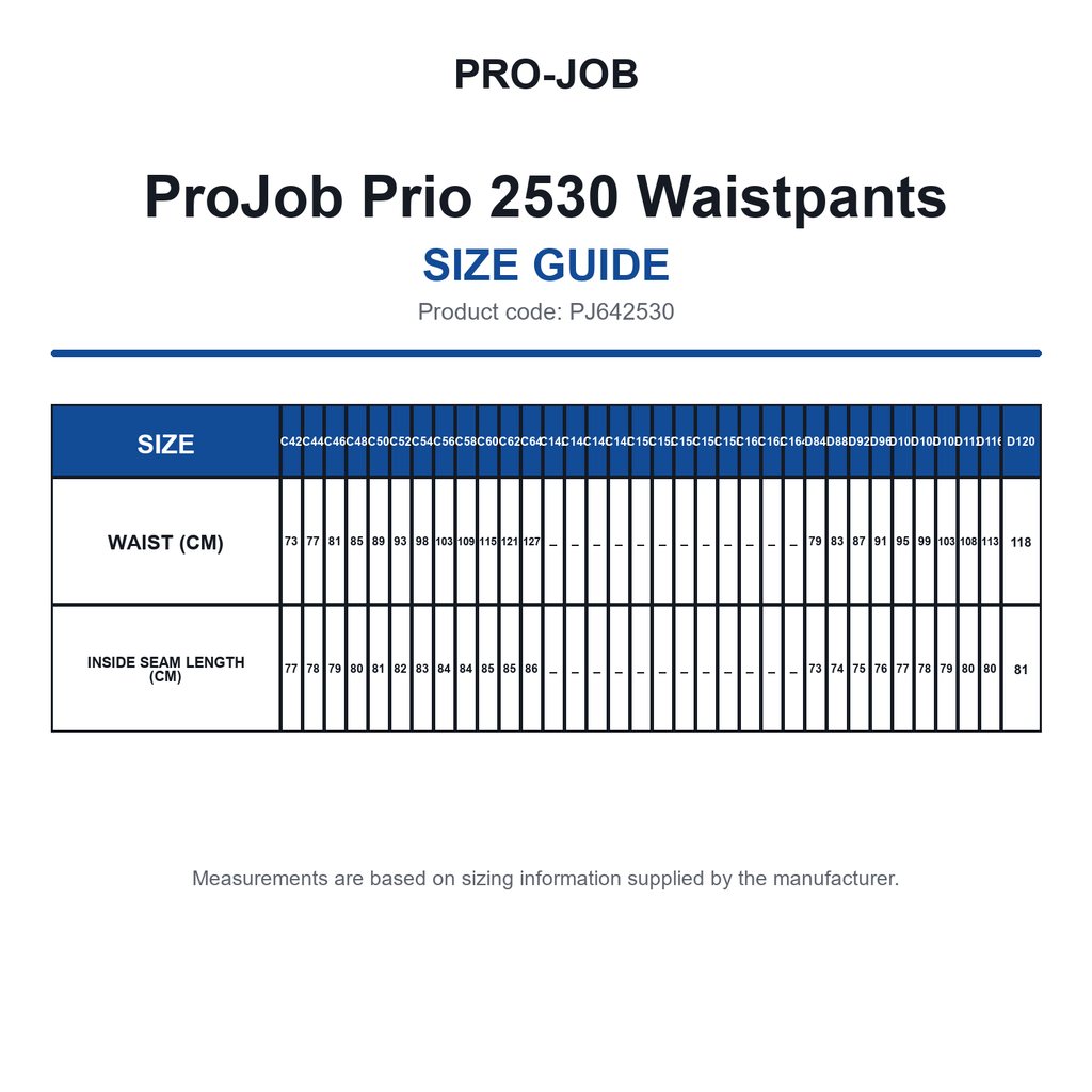 PJ642530 ProJob Prio 2530 Waistpants size guide (PJ642530)