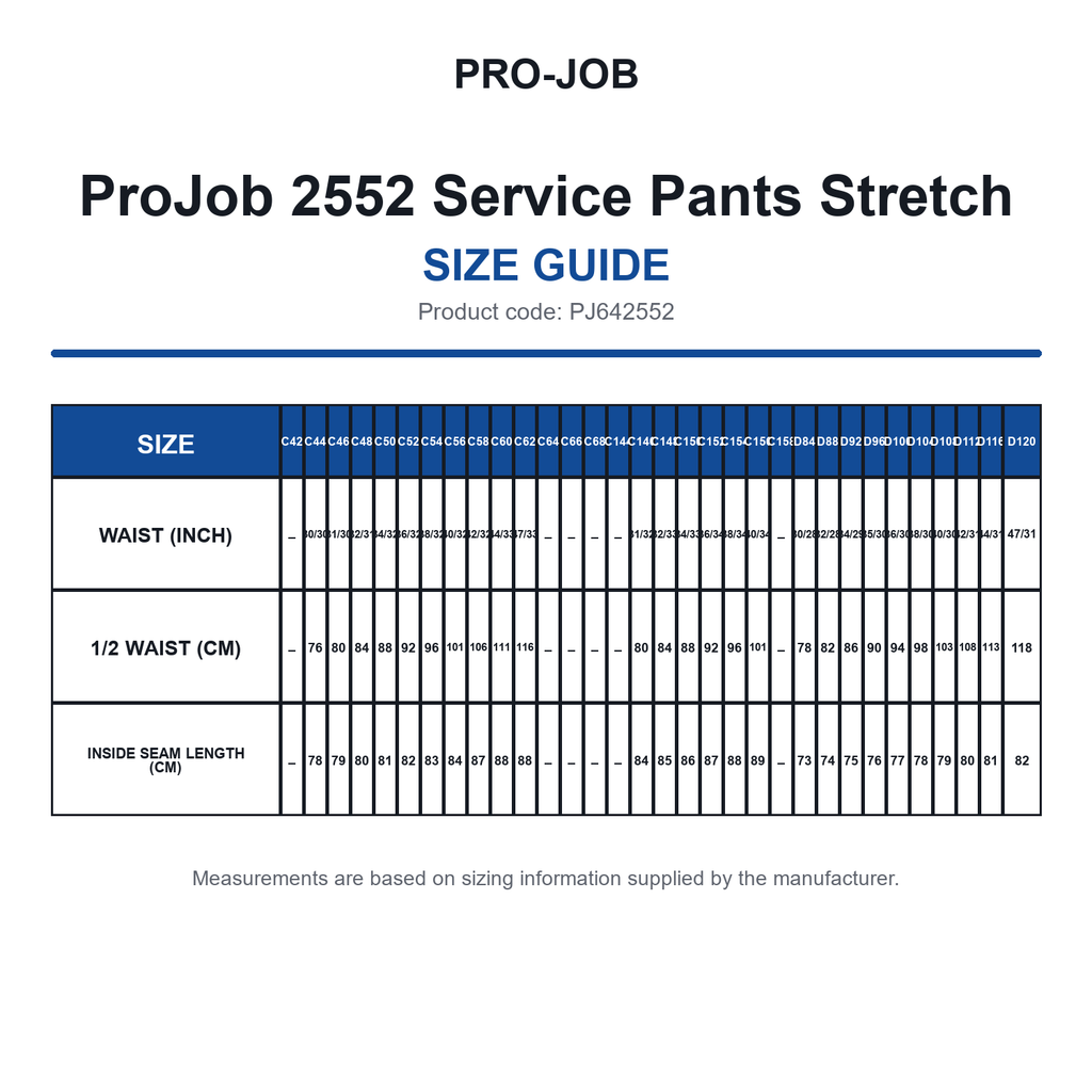 PJ642552 ProJob 2552 Service Pants Stretch size guide (PJ642552)