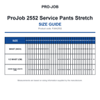 PJ642552 ProJob 2552 Service Pants Stretch size guide (PJ642552)