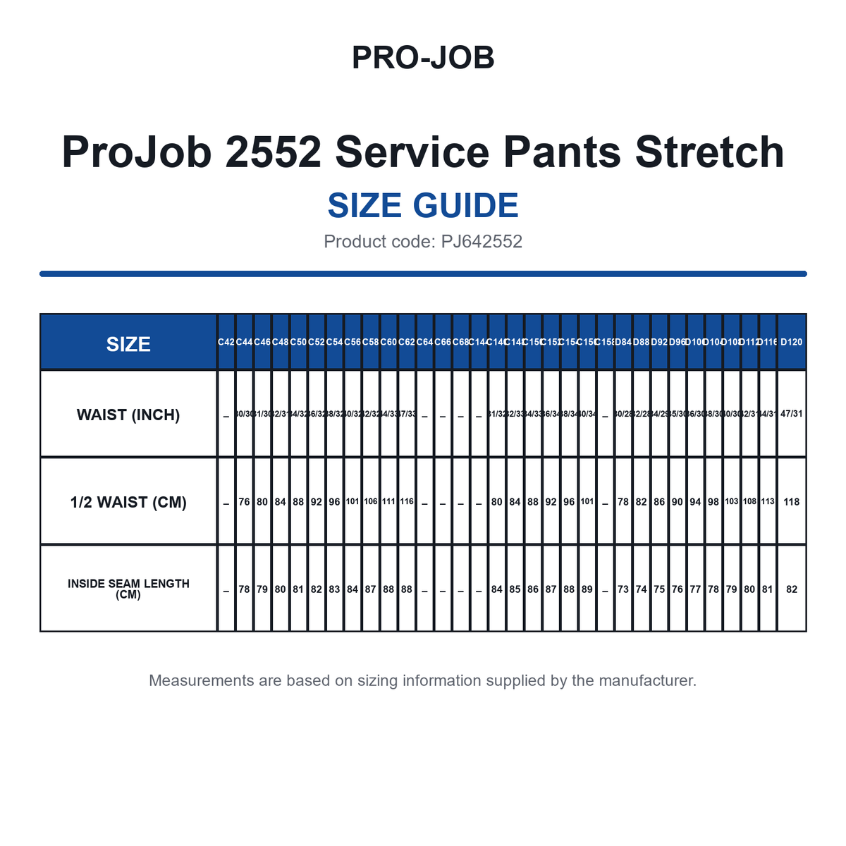 PJ642552 ProJob 2552 Service Pants Stretch size guide (PJ642552)