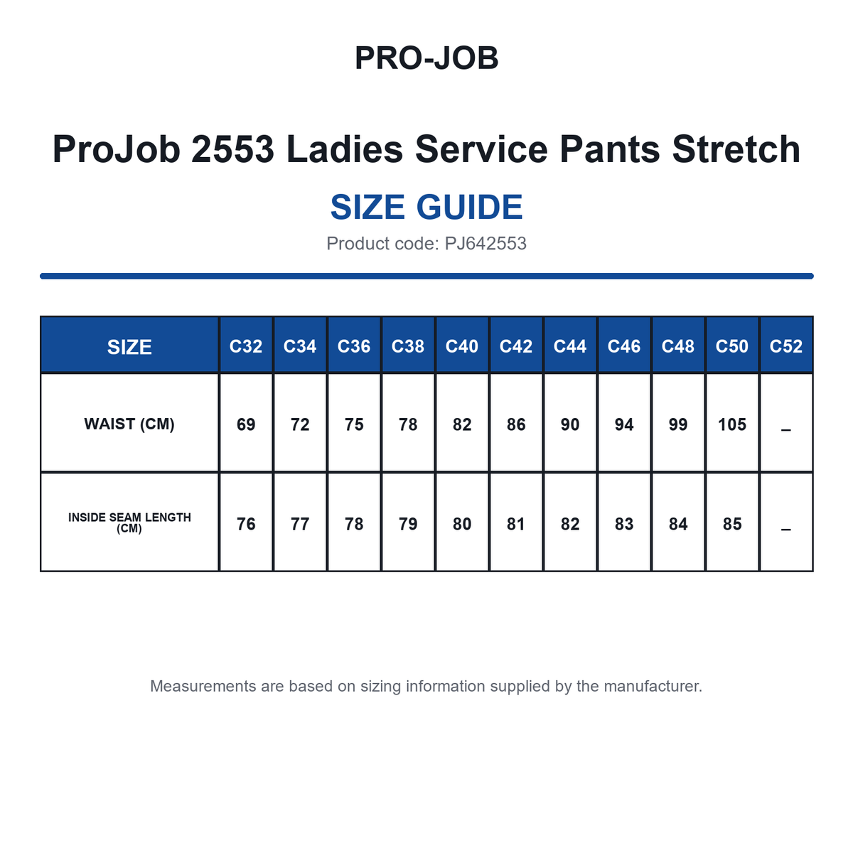 PJ642553 ProJob 2553 Ladies Service Pants Stretch size guide (PJ642553)