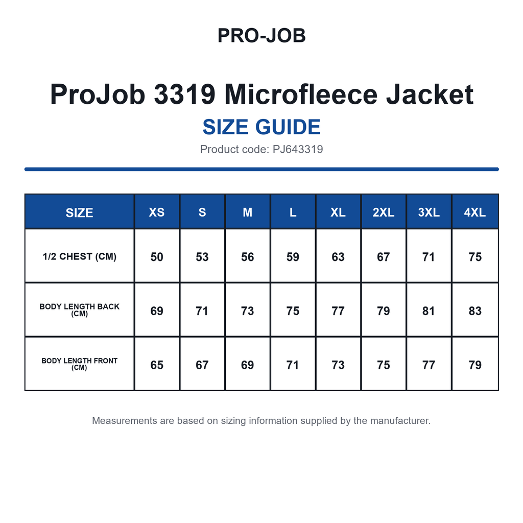 PJ643319 ProJob 3319 Microfleece Jacket size guide (PJ643319)