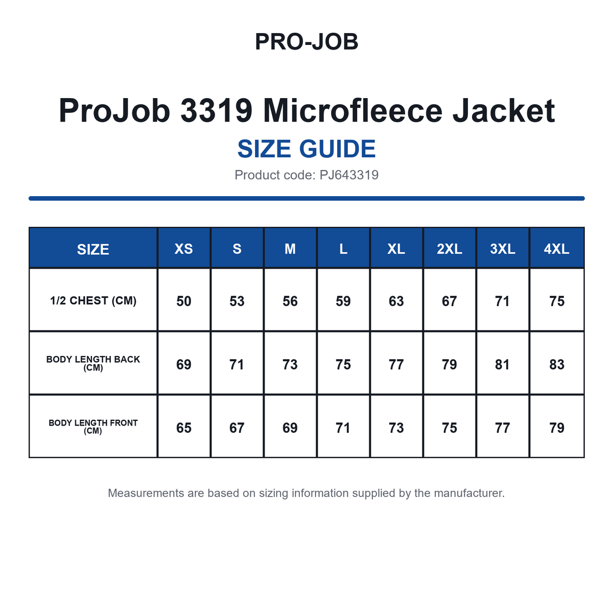 PJ643319 ProJob 3319 Microfleece Jacket size guide (PJ643319)