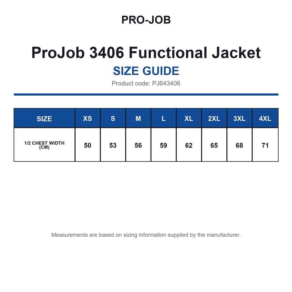 PJ643406 ProJob 3406 Functional Jacket size guide (PJ643406)