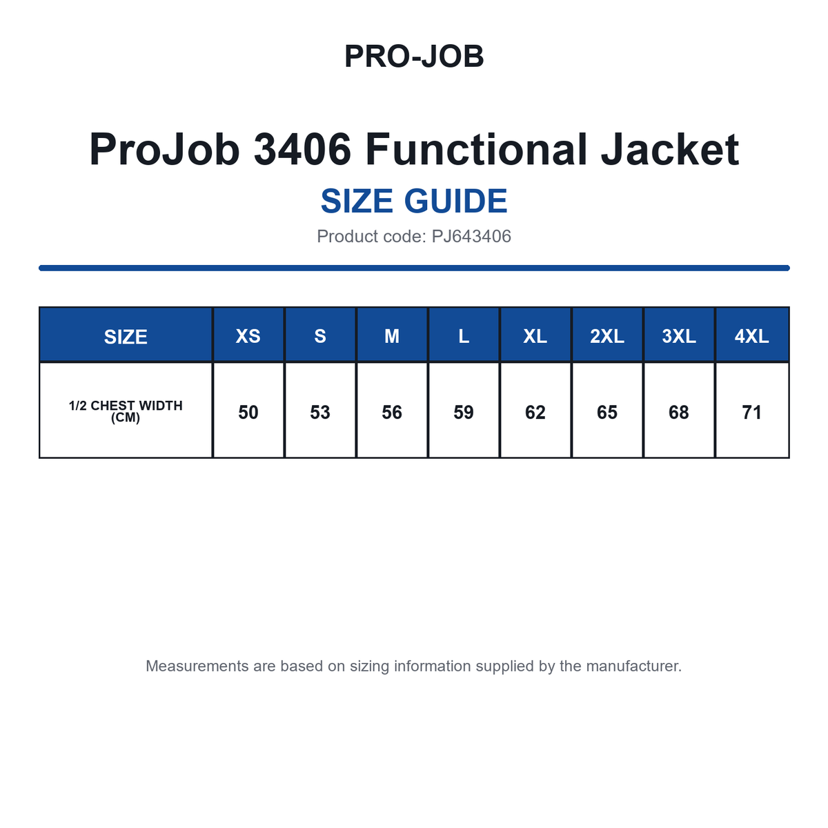 PJ643406 ProJob 3406 Functional Jacket size guide (PJ643406)
