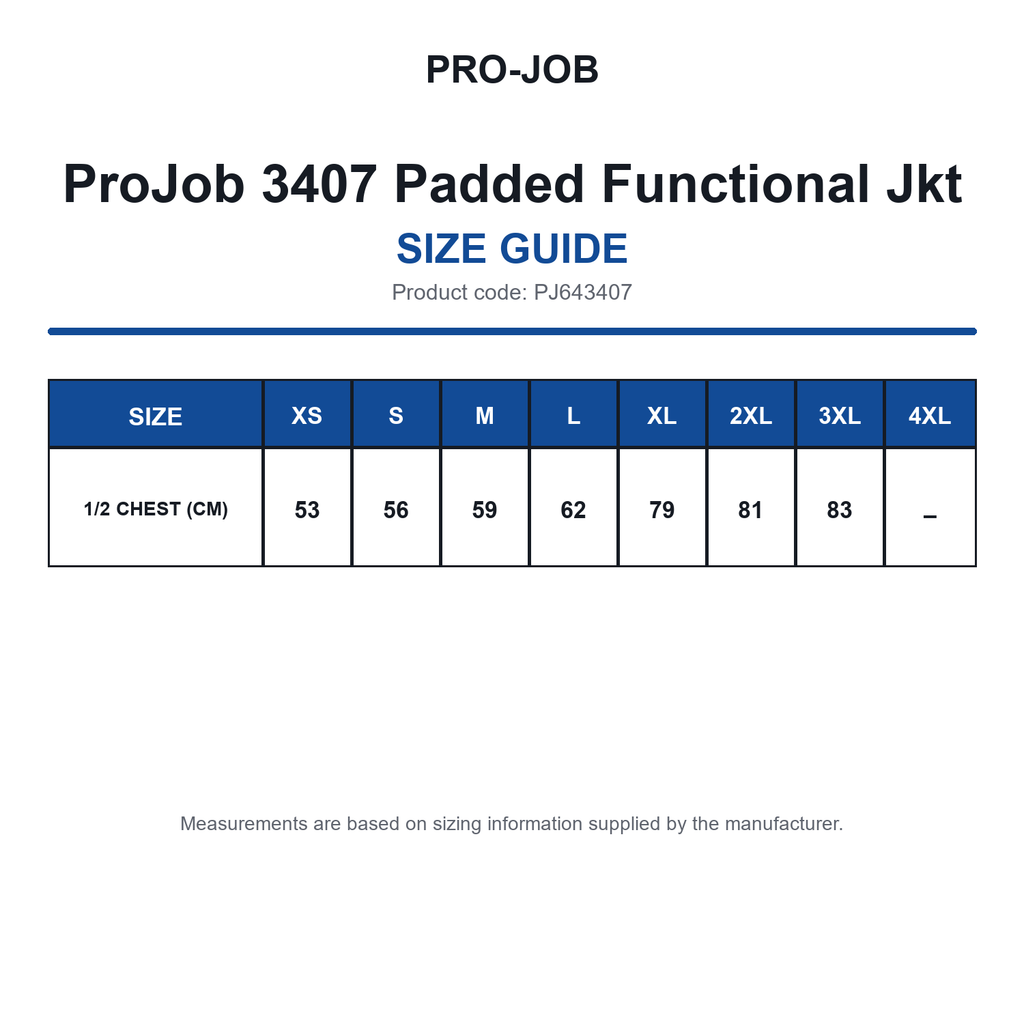 PJ643407 ProJob 3407 Padded Functional Jkt size guide (PJ643407)
