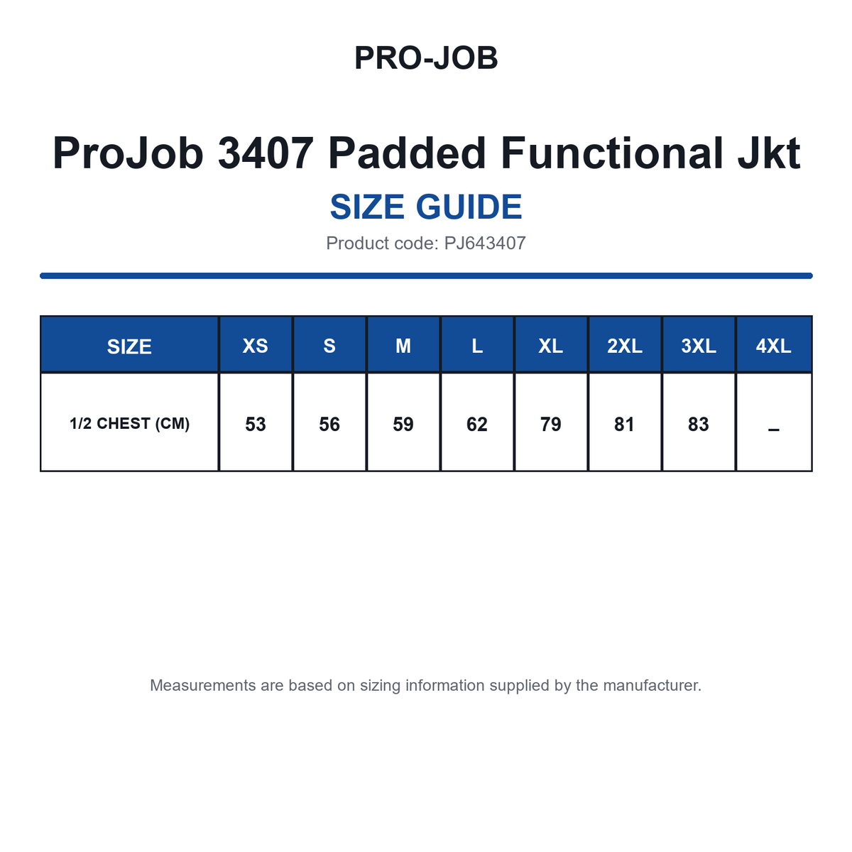 PJ643407 ProJob 3407 Padded Functional Jkt size guide (PJ643407)