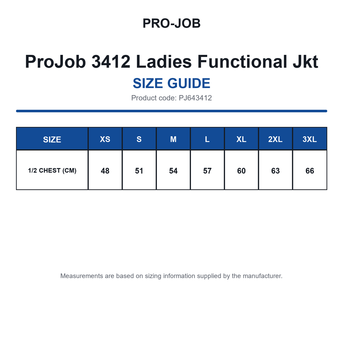 PJ643412 ProJob 3412 Ladies Functional Jkt size guide (PJ643412)