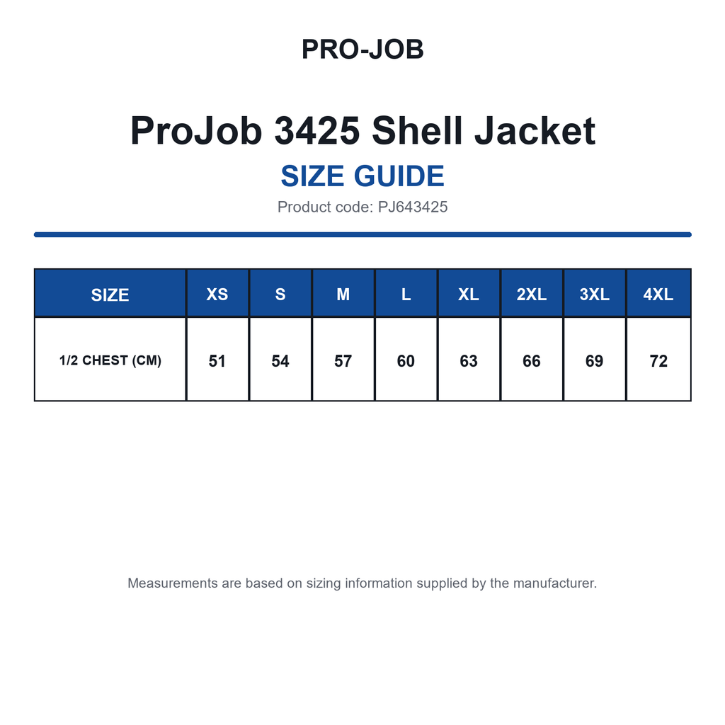 PJ643425 ProJob 3425 Shell Jacket size guide (PJ643425)