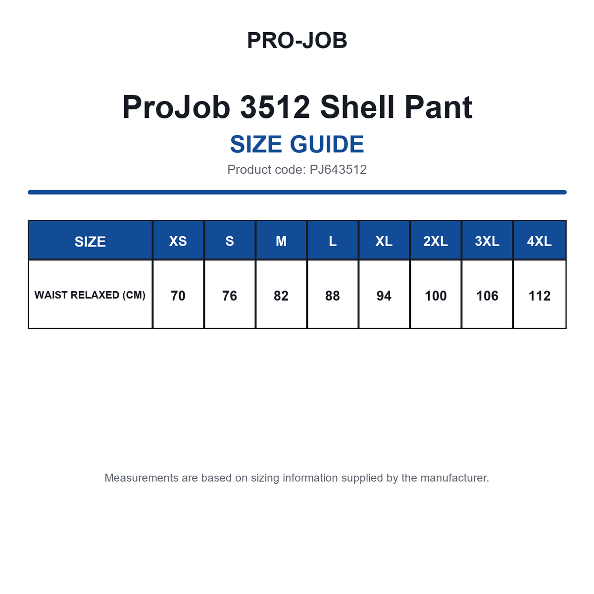 PJ643512 ProJob 3512 Shell Pant size guide (PJ643512)