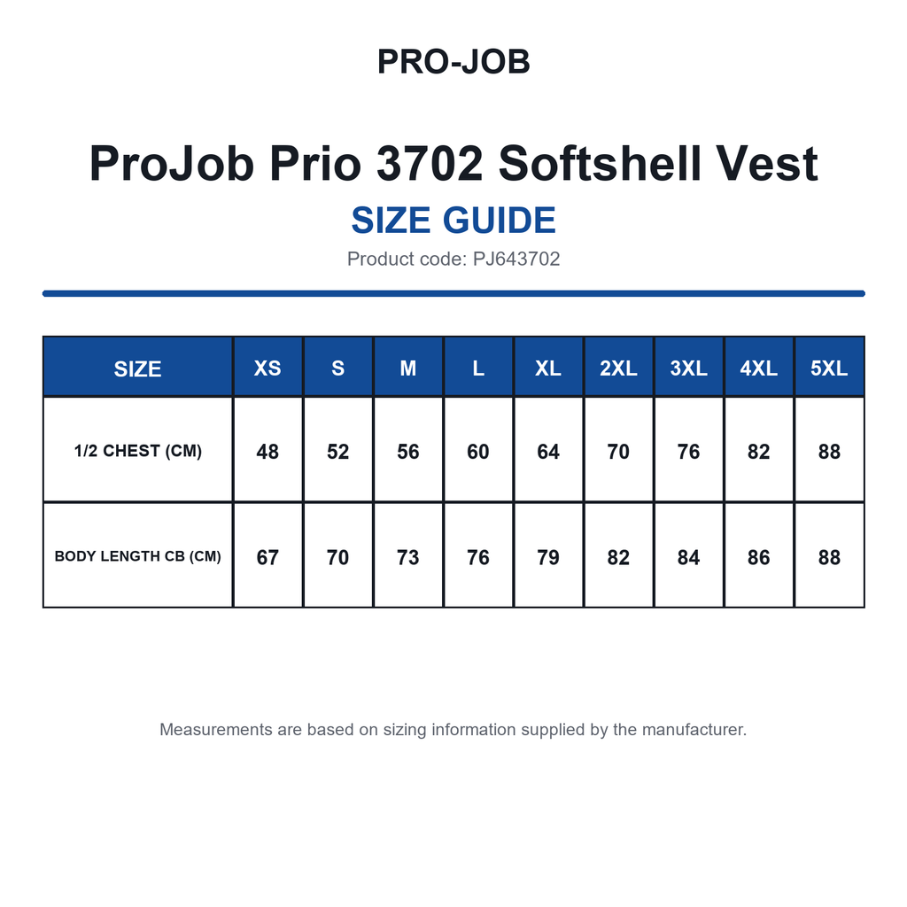 PJ643702 ProJob Prio 3702 Softshell Vest size guide (PJ643702)