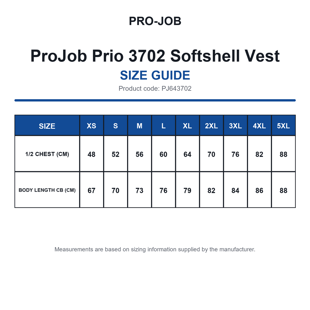 PJ643702 ProJob Prio 3702 Softshell Vest size guide (PJ643702)