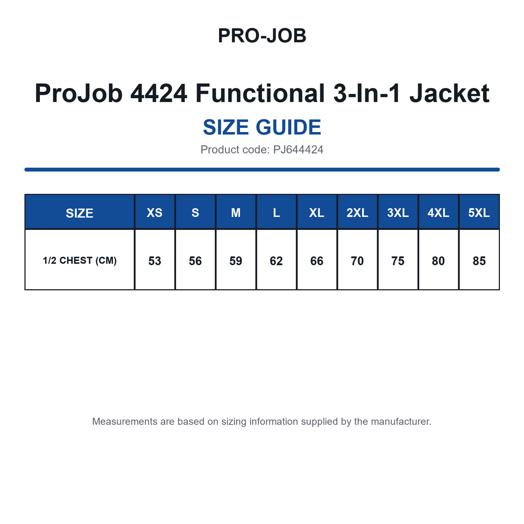 PJ644424 ProJob 4424 Functional 3-In-1 Jacket size guide (PJ644424)
