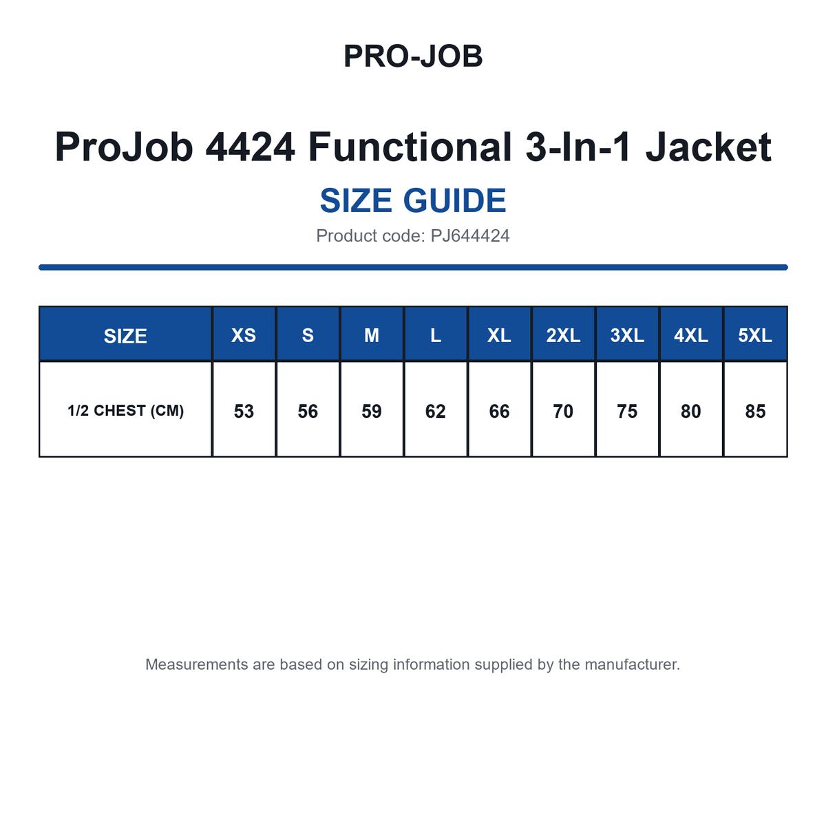 PJ644424 ProJob 4424 Functional 3-In-1 Jacket size guide (PJ644424)