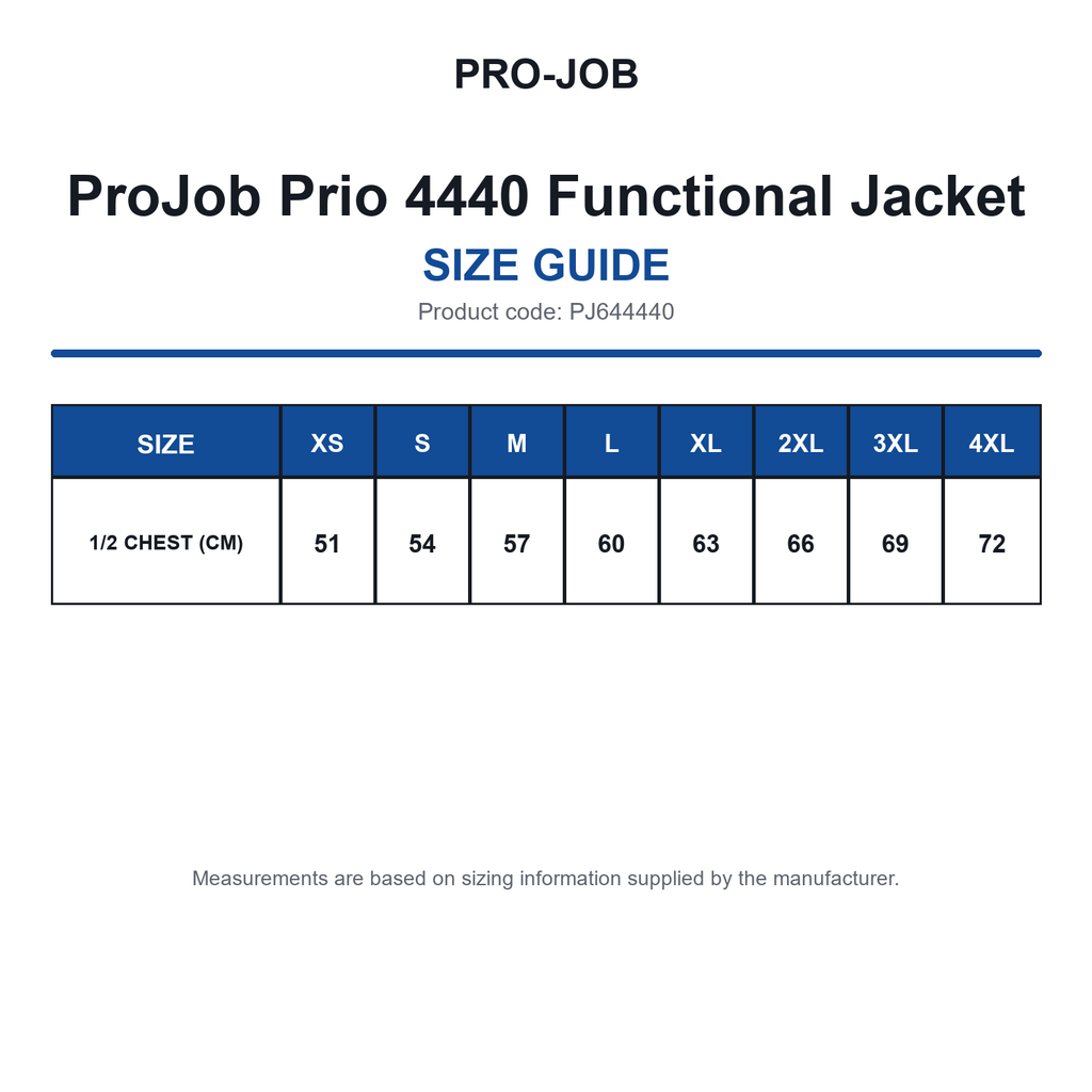 PJ644440 ProJob Prio 4440 Functional Jacket size guide (PJ644440)