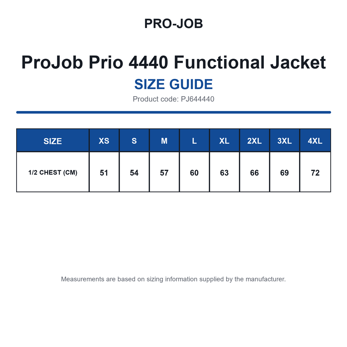 PJ644440 ProJob Prio 4440 Functional Jacket size guide (PJ644440)