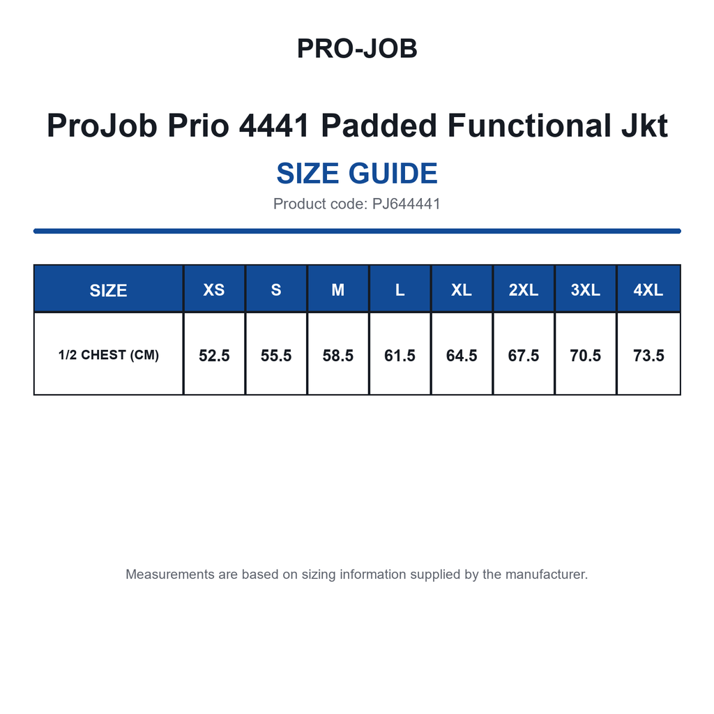 PJ644441 ProJob Prio 4441 Padded Functional Jkt size guide (PJ644441)
