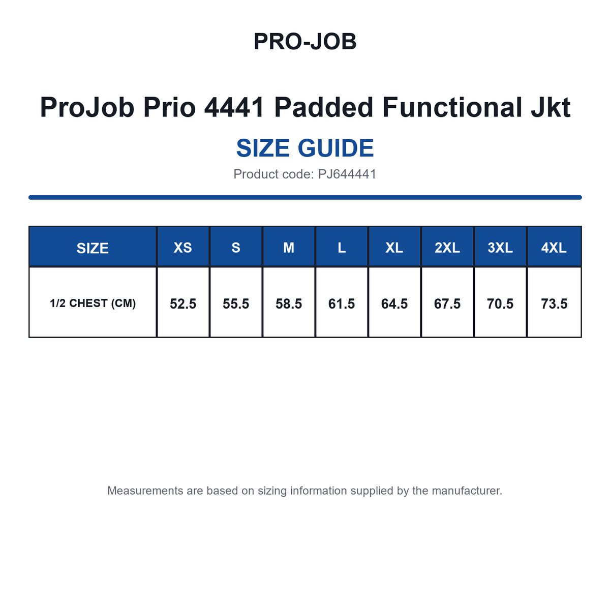 PJ644441 ProJob Prio 4441 Padded Functional Jkt size guide (PJ644441)