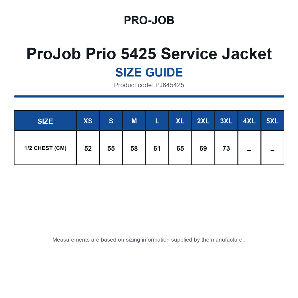 PJ645425 ProJob Prio 5425 Service Jacket size guide (PJ645425)
