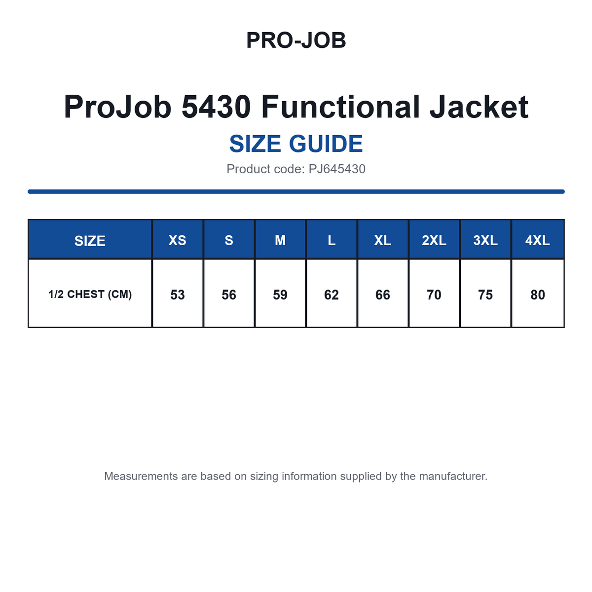 PJ645430 ProJob 5430 Functional Jacket size guide (PJ645430)
