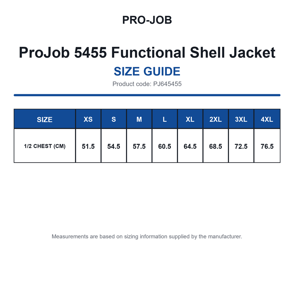 PJ645455 ProJob 5455 Functional Shell Jacket size guide (PJ645455)