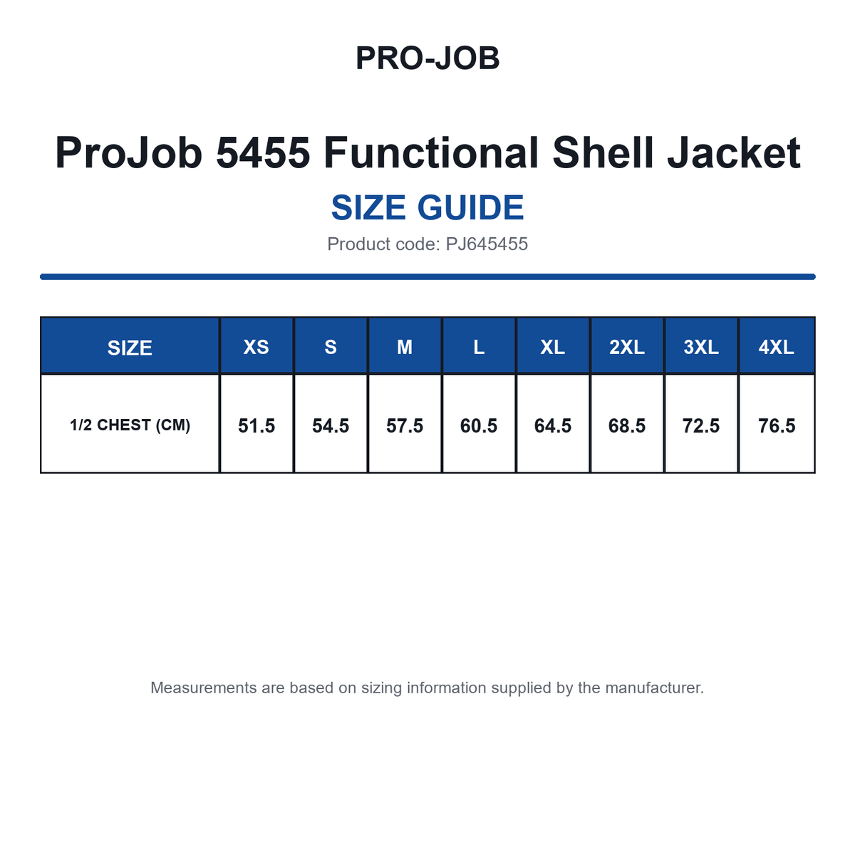 PJ645455 ProJob 5455 Functional Shell Jacket size guide (PJ645455)