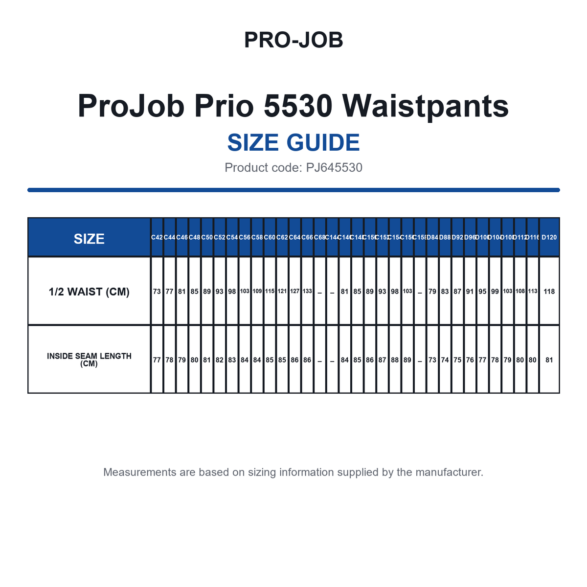 PJ645530 ProJob Prio 5530 Waistpants size guide (PJ645530)