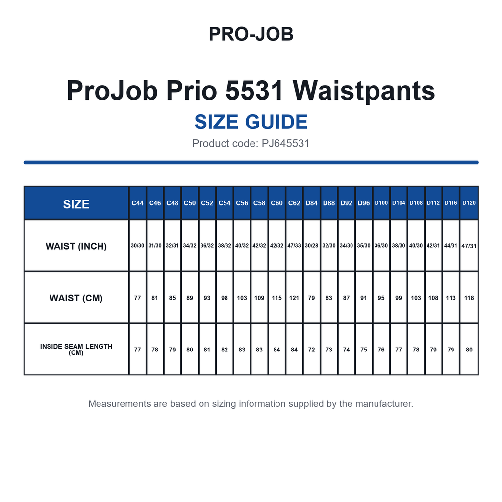 PJ645531 ProJob Prio 5531 Waistpants size guide (PJ645531)