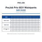 PJ645531 ProJob Prio 5531 Waistpants size guide (PJ645531)
