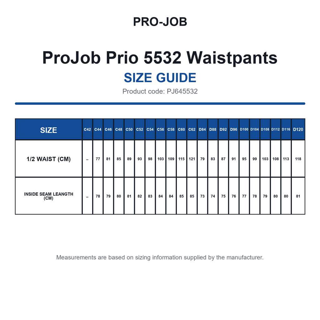 PJ645532 ProJob Prio 5532 Waistpants size guide (PJ645532)