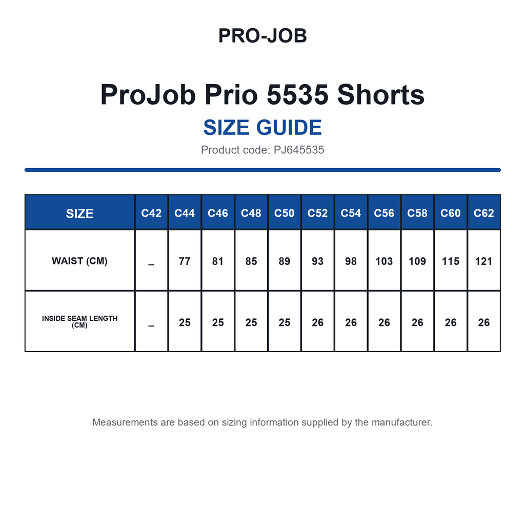 PJ645535 ProJob Prio 5535 Shorts size guide (PJ645535)