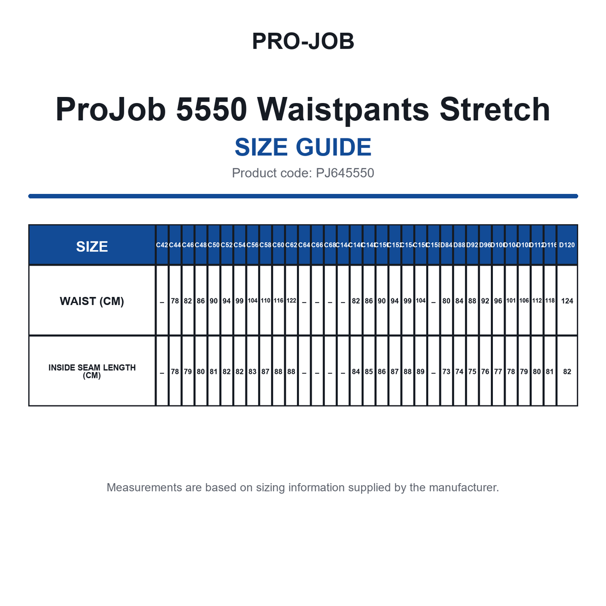 PJ645550 ProJob 5550 Waistpants Stretch size guide (PJ645550)