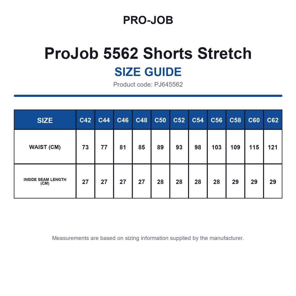 PJ645562 ProJob 5562 Shorts Stretch size guide (PJ645562)