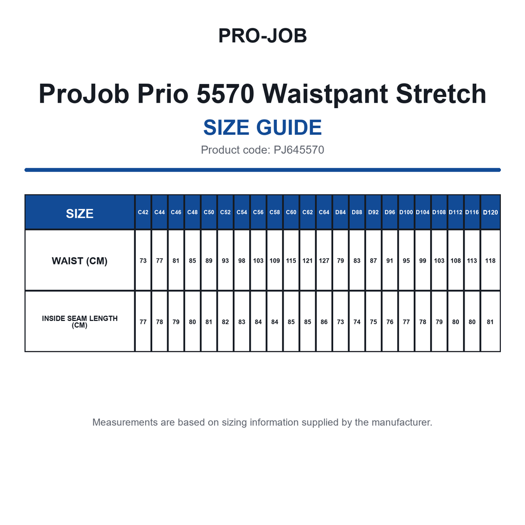PJ645570 ProJob Prio 5570 Waistpant Stretch size guide (PJ645570)