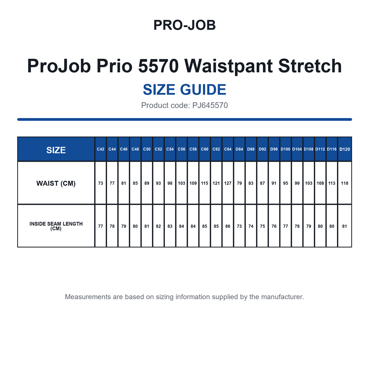 PJ645570 ProJob Prio 5570 Waistpant Stretch size guide (PJ645570)
