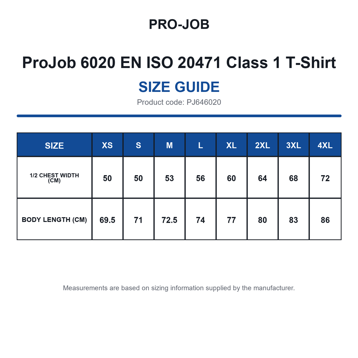 PJ646020 ProJob 6020 EN ISO 20471 Class 1 T-Shirt size guide (PJ646020)