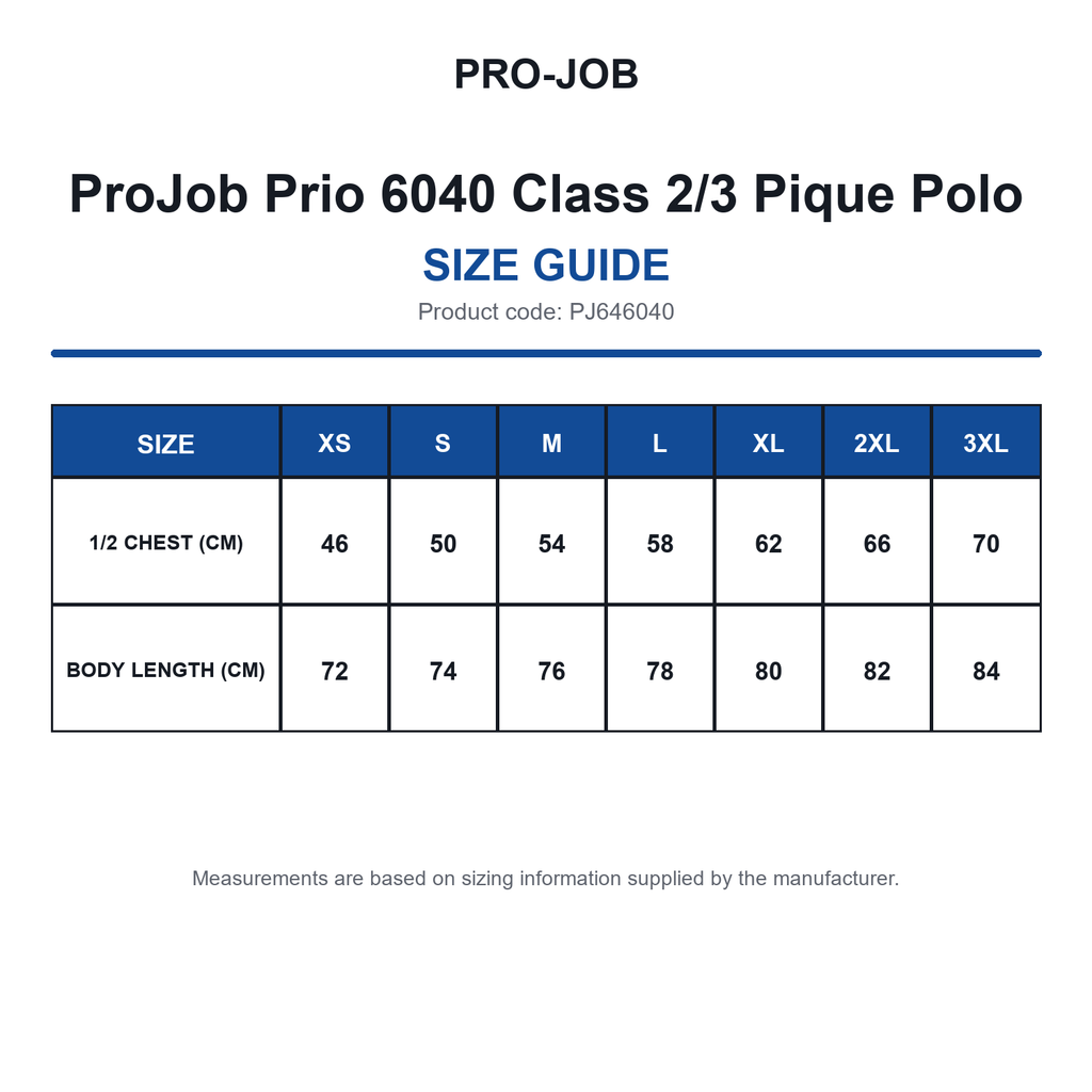 PJ646040 ProJob Prio 6040 Class 2/3 Pique Polo size guide (PJ646040)