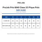 PJ646040 ProJob Prio 6040 Class 2/3 Pique Polo size guide (PJ646040)