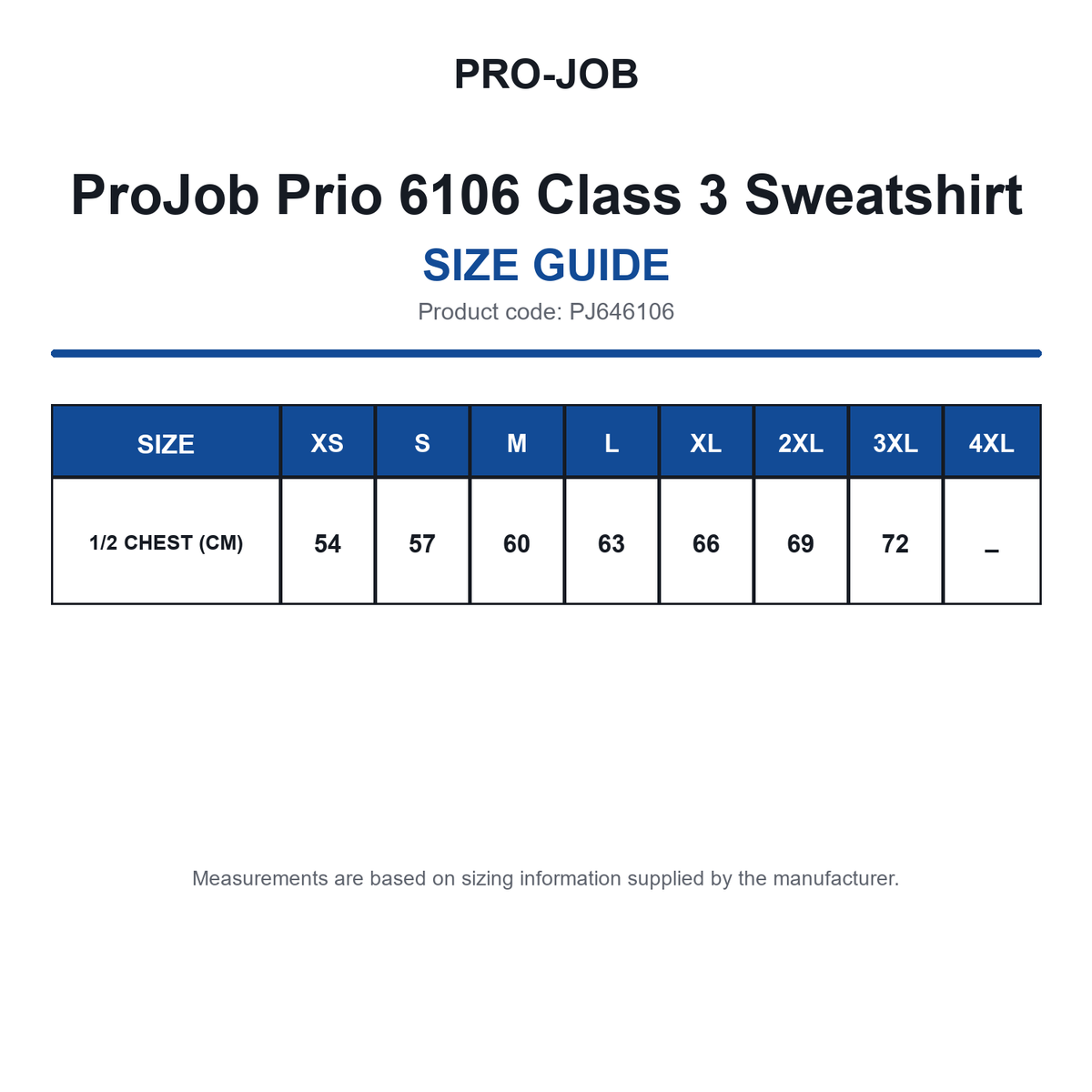 PJ646106 ProJob Prio 6106 Class 3 Sweatshirt size guide (PJ646106)