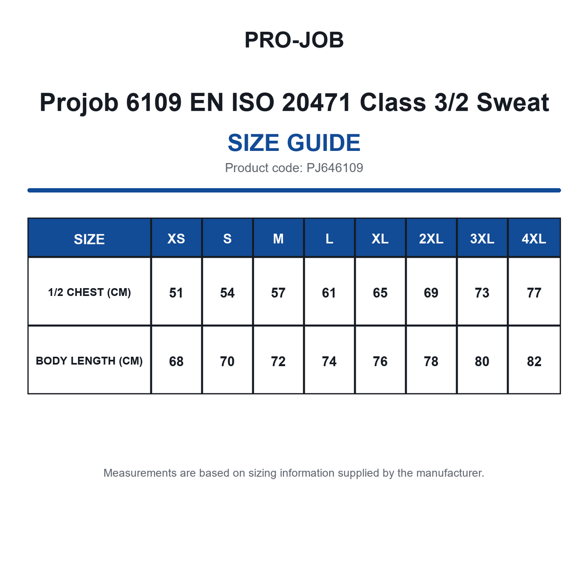 PJ646109 Projob 6109 EN ISO 20471 Class 3/2 Sweat size guide (PJ646109)