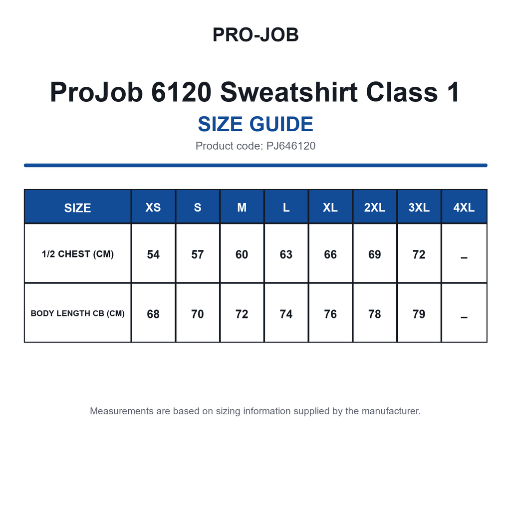 PJ646120 ProJob 6120 Sweatshirt Class 1 size guide (PJ646120)