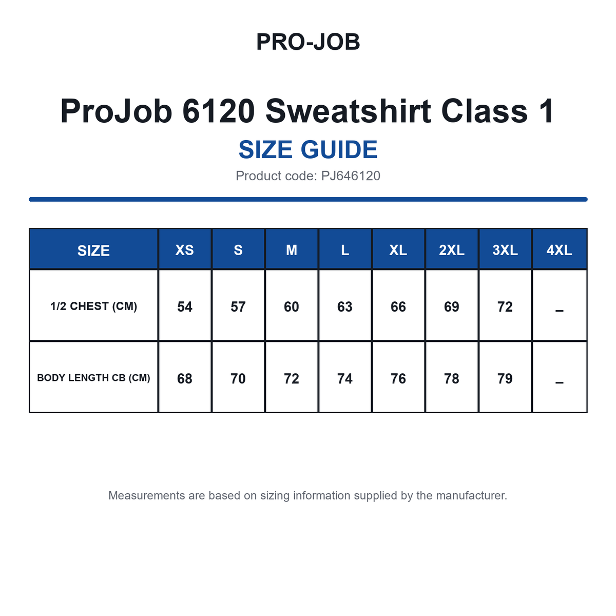 PJ646120 ProJob 6120 Sweatshirt Class 1 size guide (PJ646120)