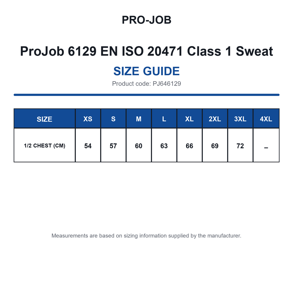 PJ646129 ProJob 6129 EN ISO 20471 Class 1 Sweat size guide (PJ646129)