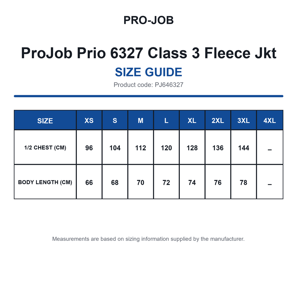 PJ646327 ProJob Prio 6327 Class 3 Fleece Jkt size guide (PJ646327)