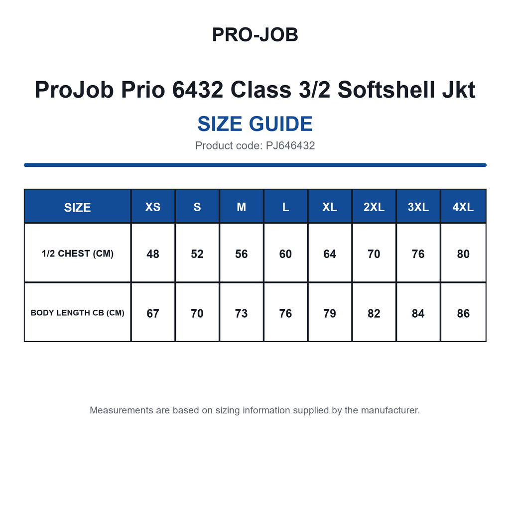 PJ646432 ProJob Prio 6432 Class 3/2 Softshell Jkt size guide (PJ646432)