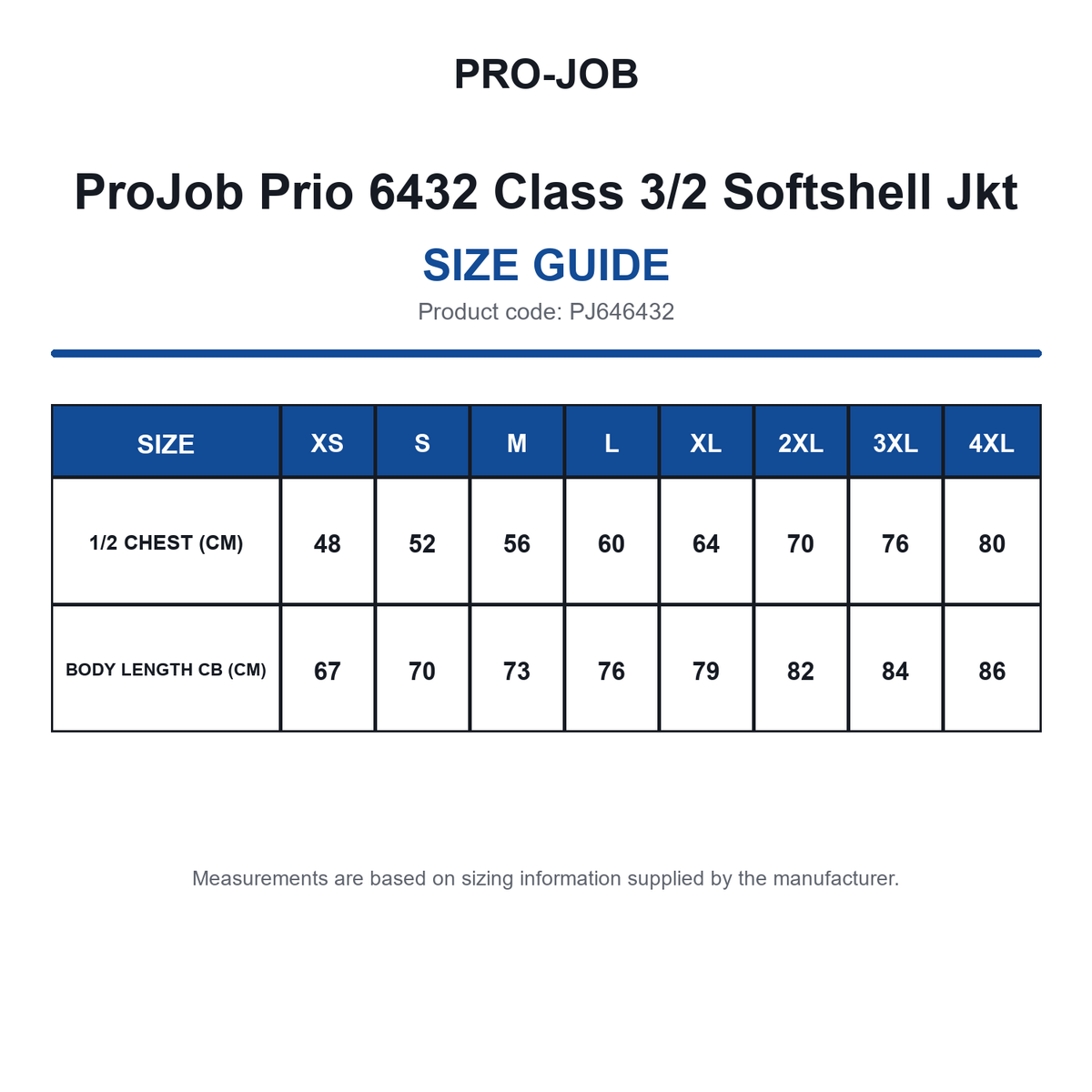PJ646432 ProJob Prio 6432 Class 3/2 Softshell Jkt size guide (PJ646432)