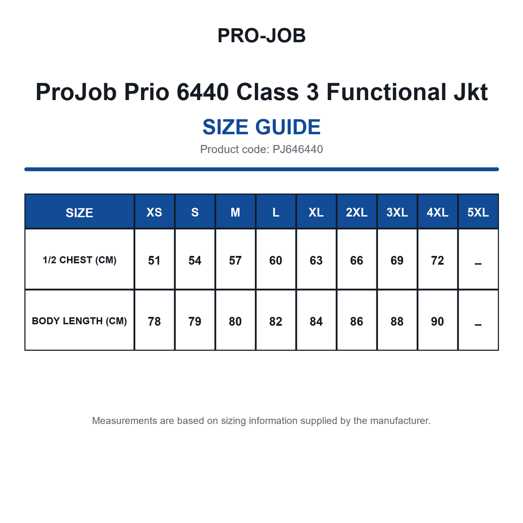PJ646440 ProJob Prio 6440 Class 3 Functional Jkt size guide (PJ646440)