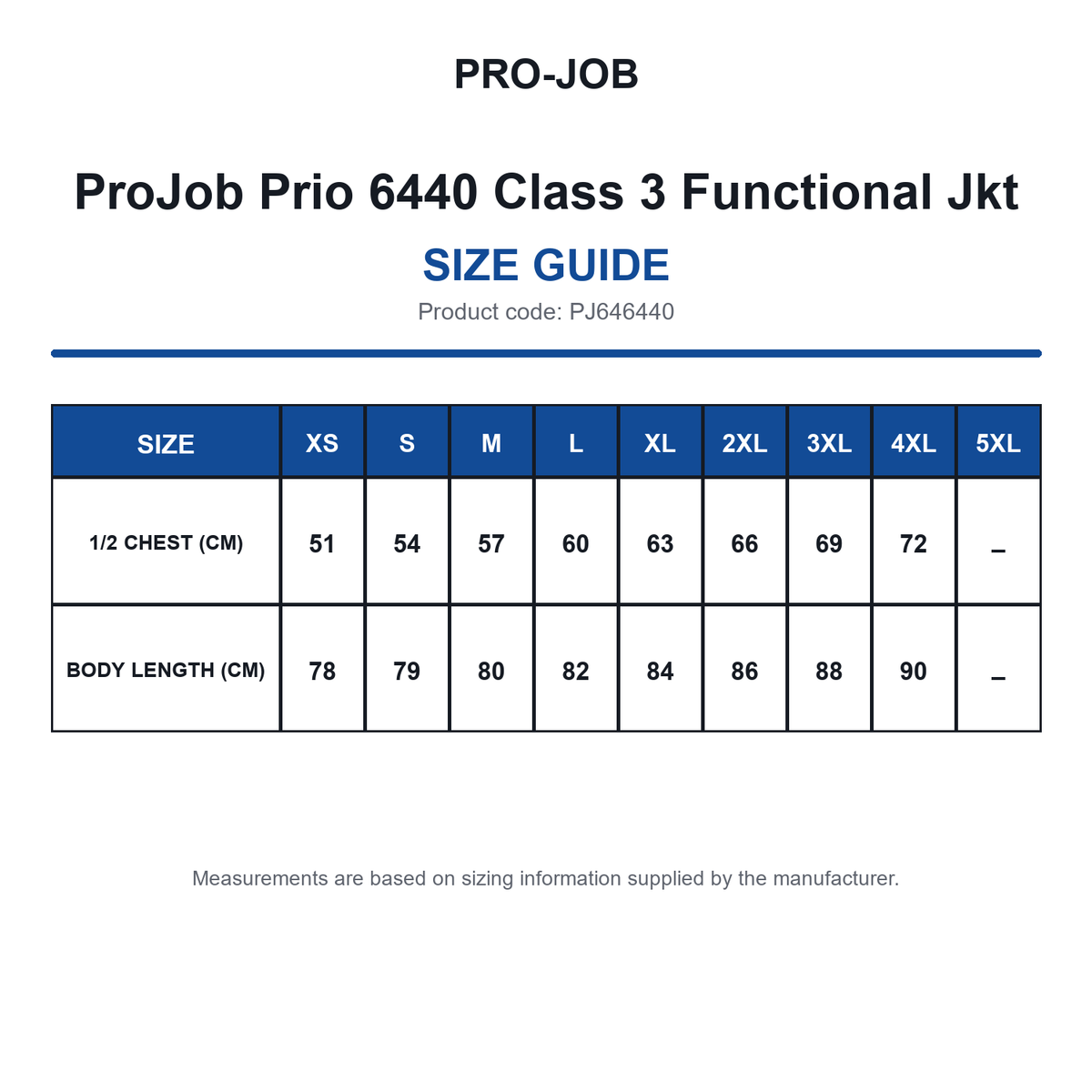 PJ646440 ProJob Prio 6440 Class 3 Functional Jkt size guide (PJ646440)