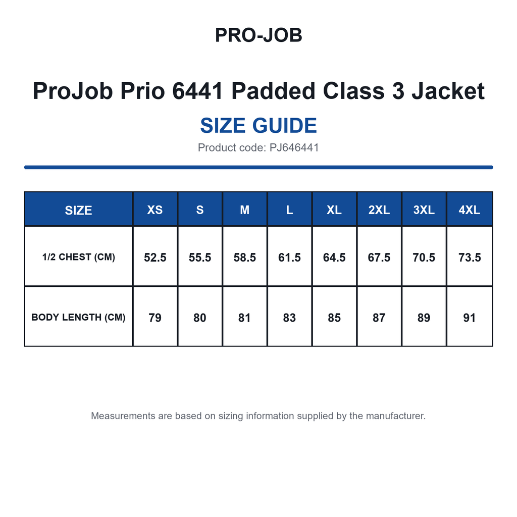 PJ646441 ProJob Prio 6441 Padded Class 3 Jacket size guide (PJ646441)