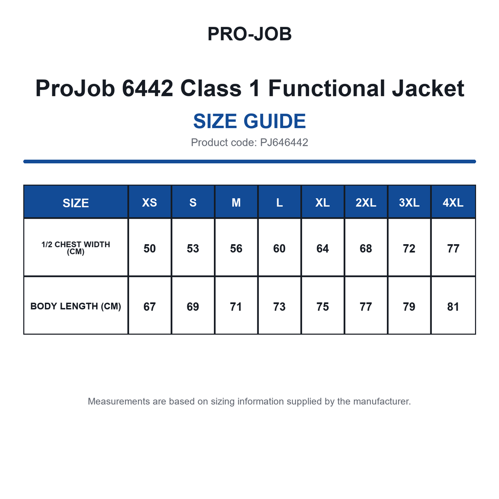 PJ646442 ProJob 6442 Class 1 Functional Jacket size guide (PJ646442)